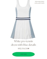 white pro tennis dress with blue details