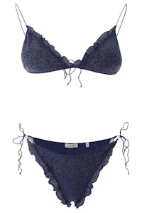 a blue bikini set with ruffles